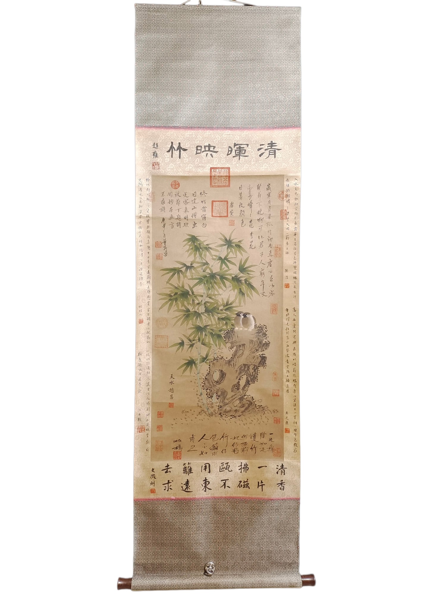 Watercolour On Xuan Paper Fortune Bmaboo & Bird Design Painting - Zhao Chang: Watercolour On Xuan Paper Fortune Bmaboo & Bird Design Painting - Zhao ChangDimension: 1760 x 560 (mm) 69.29 x 22.05 (inches) Dimension: 1100 x 460 (mm) 43.31 x 18.11 (inches)