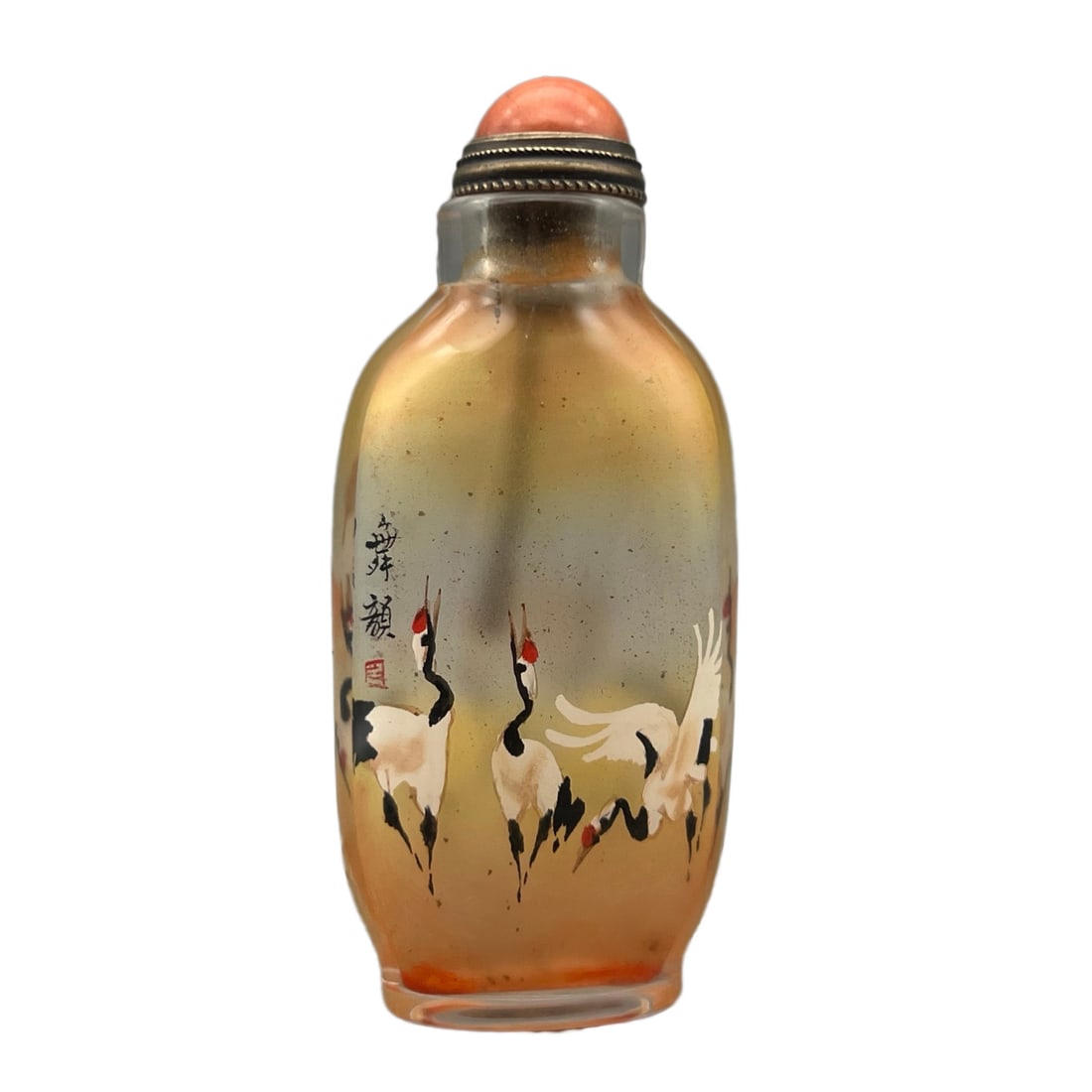 Vintage Peking Glass Inside Painting Crane Design Snuff Bottle: Vintage Peking Glass Inside Painting Crane Design Snuff Bottle Dimension: 74 x 32 x 21 (mm)2.91 x 1.26 x 0.83 (inches) Weight: 0.09 lbs/ 42 g