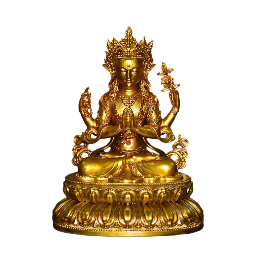 Tibetan Gilt Gold Copper Buddha Statue w Four Arm Kwan-yin: Tibetan Gilt Gold Copper Buddha Statue w Four Arm Kwan-yinDimension: 110 x 80 x 55 (mm) 4.33 x 3.15 x 2.16 (inches) Weight: 1.56 lbs/ 707 g