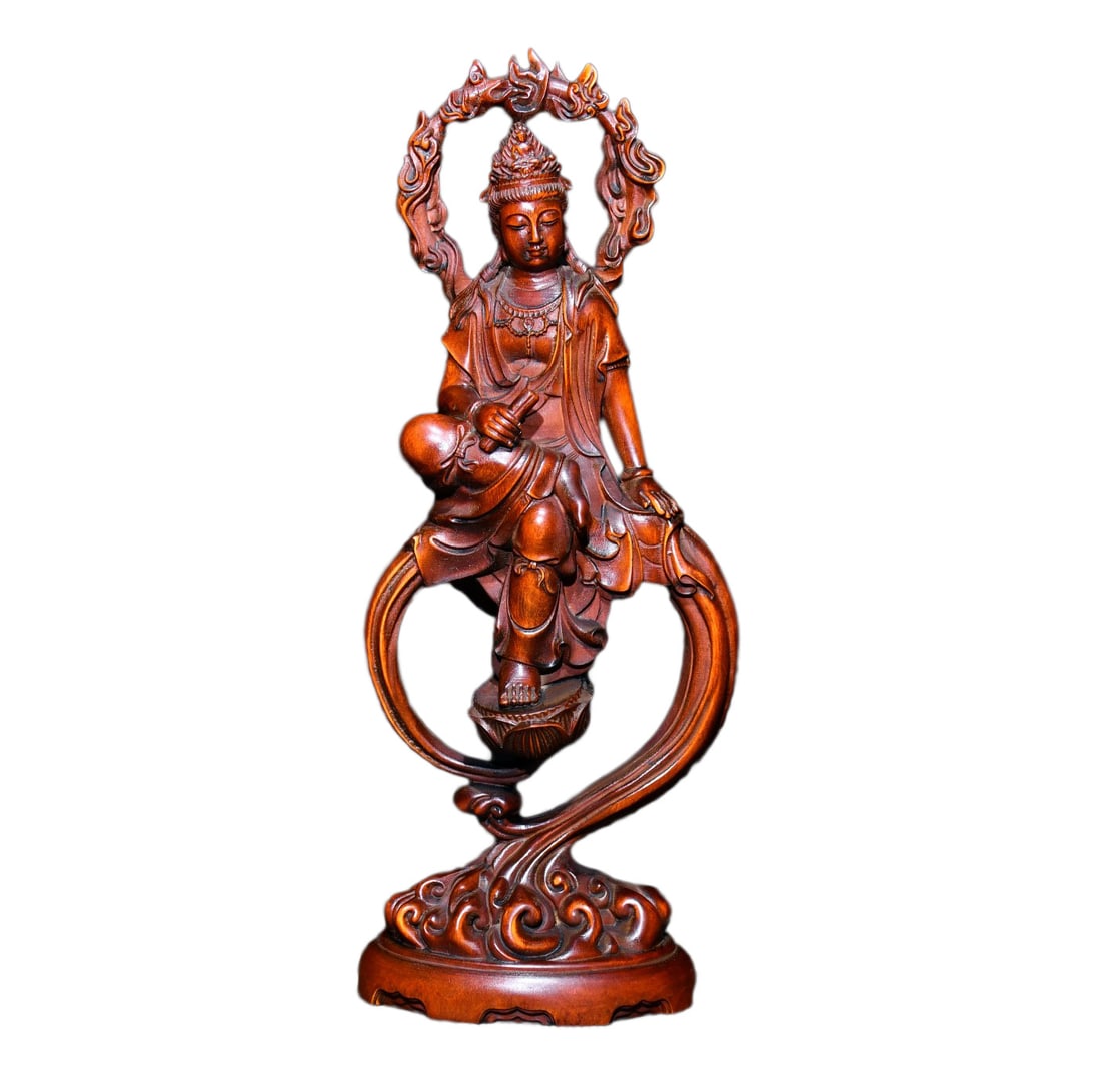 Vintage Boxwood Wood Statue w Kwan-yin: Vintage Boxwood Wood Statue w Kwan-yinDimension: 180 x 107 x 75 (mm) 7.09 x 4.21 x 2.95 (inches)