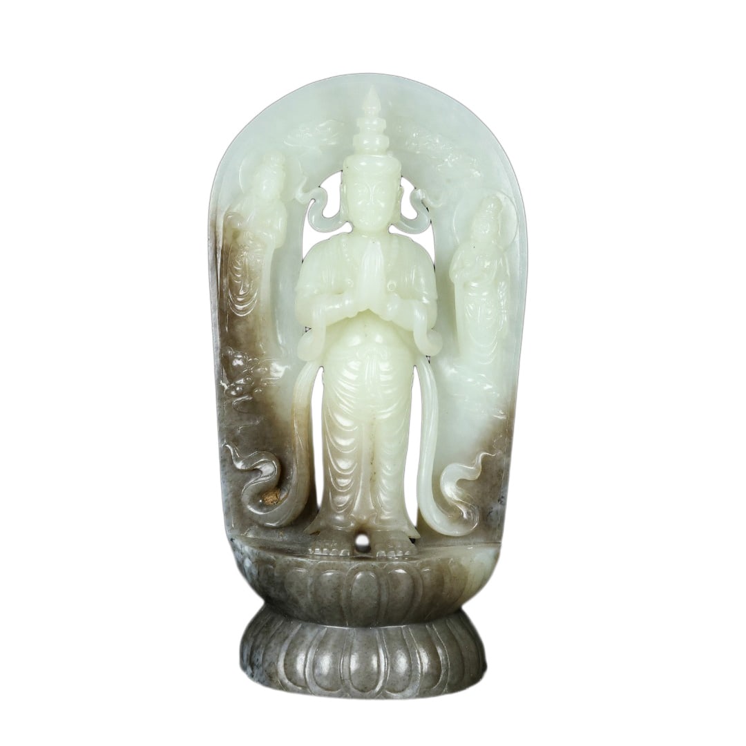 Natural Hetian Jade Hand-Carved Buddha Pendant w Kwan-yin & Three Buddha (1 of 10)