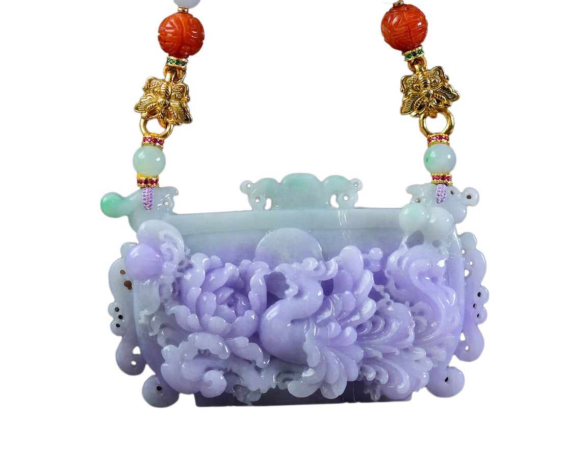 Purple Jadeite Hand-Carved Pendant w Phoenix & Peony w Hand Woven Jadeite & Beeswax Beads Necklace (1 of 7)