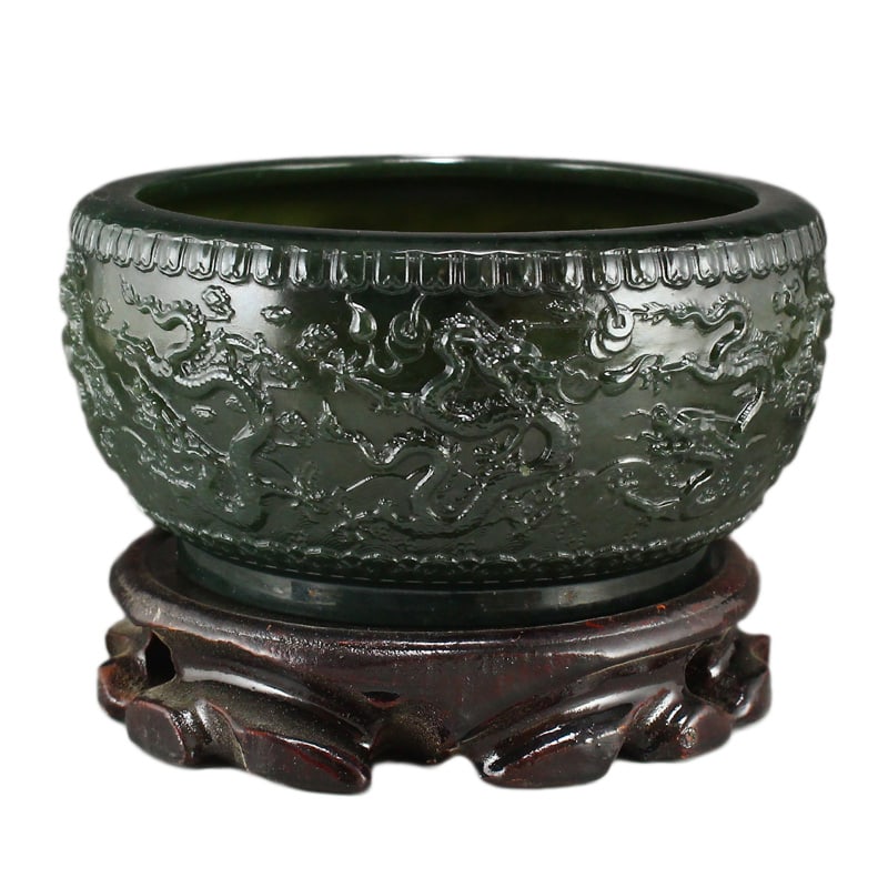 Natural Green Hetian Jade Low Relief Bursh Washer w Fortune Dragon & Certificate (1 of 14)