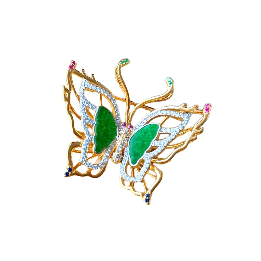 925 Silver Plated Gilt Gold Inlay Green Jadeite Hand-Carved Pendant/Brooch w Butterfly: 925 Silver Plated Gilt Gold Inlay Green Jadeite Hand-Carved Pendant/Brooch w ButterflyDimension: 35.5 x 32.6 (mm) 1.40 x 1.28 (inches)