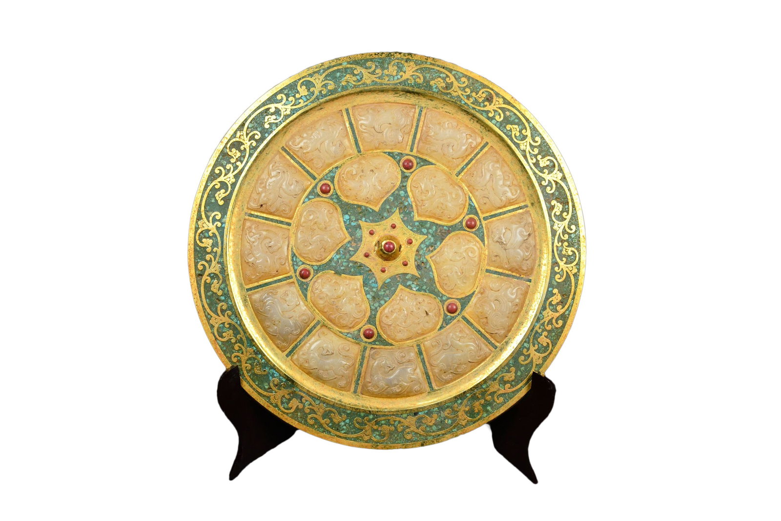 Vintage Gilt Gold Bronze Inlay Jade & Gem Bronze Mirror: Vintage Gilt Gold Bronze Inlay Jade & Gem Bronze MirrorDimension: 300 x 7 (mm) 11.81 x 0.27 (inches) Weight: 4.84 lbs/ 2184 g