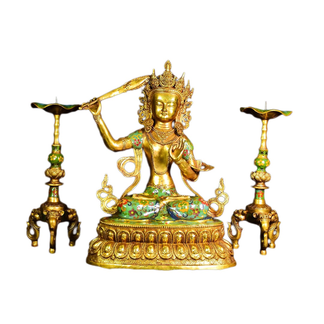 A Set Tibetan Gilt Gold Copper Cloisonne Statue & Candlestick w Buddha: A Set Tibetan Gilt Gold Copper Cloisonne Statue & Candlestick w BuddhaBuddha Dimension: 450 x 300 x 195 (mm) 17.72 x 11.81 x 7.68 (inches) Weight: 8.80 lbs/ 3990 gCandlestick Dimension: 360 x 130 (mm)