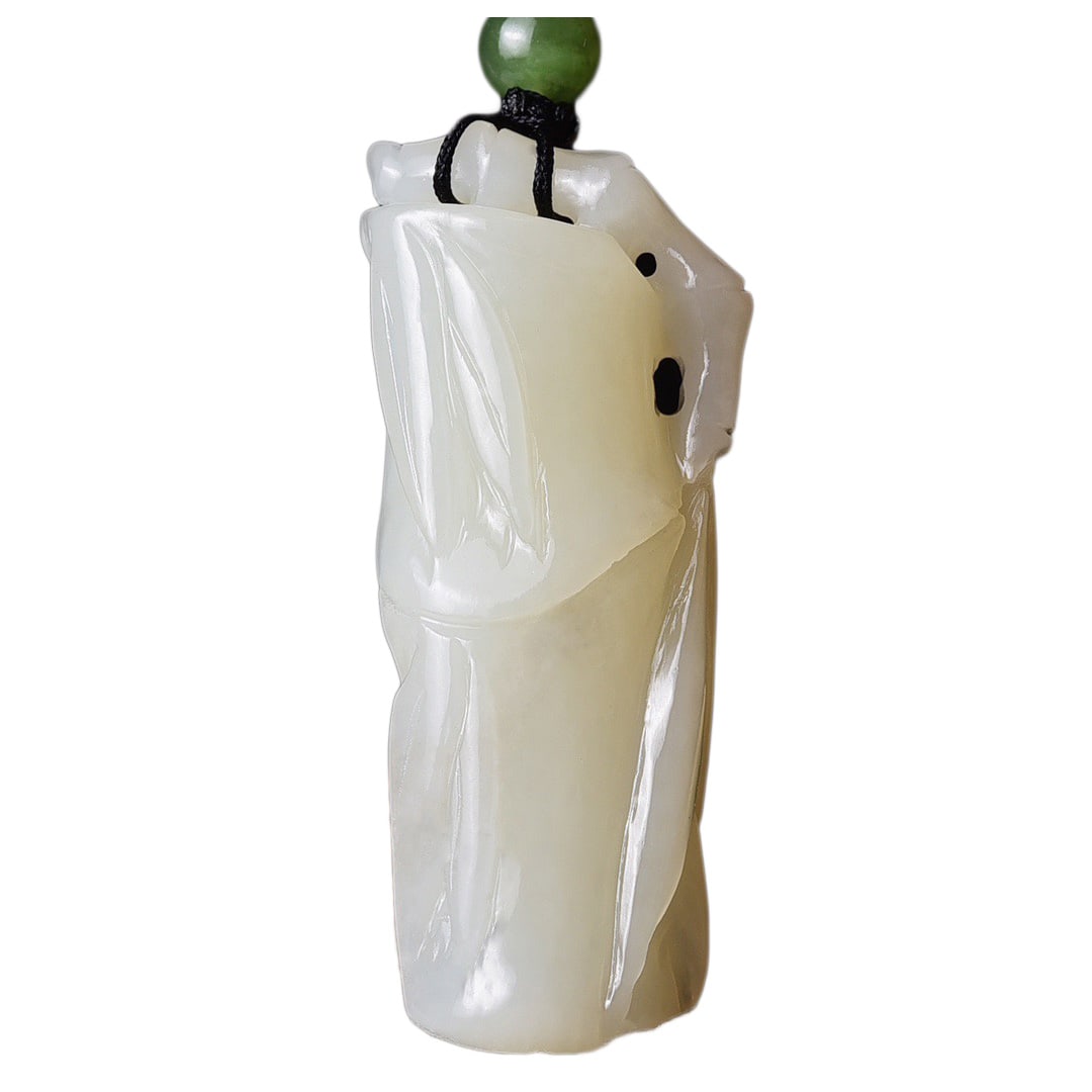 Natural White Hetian Jade Hand-Carved Pendant w Fortune Bamboo & Certificate (1 of 7)