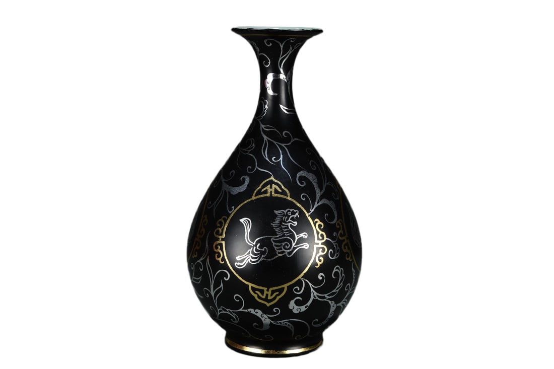 Porcelain Vase Gold Sivler Wire Black Ru Kiln w Phoenix,Song Dynasty: Porcelain Vase Gold Sivler Wire Black Ru Kiln w Phoenix,Song Dynasty Dimension: 263 x 145 (mm) 10.35 x 5.71 (inches)