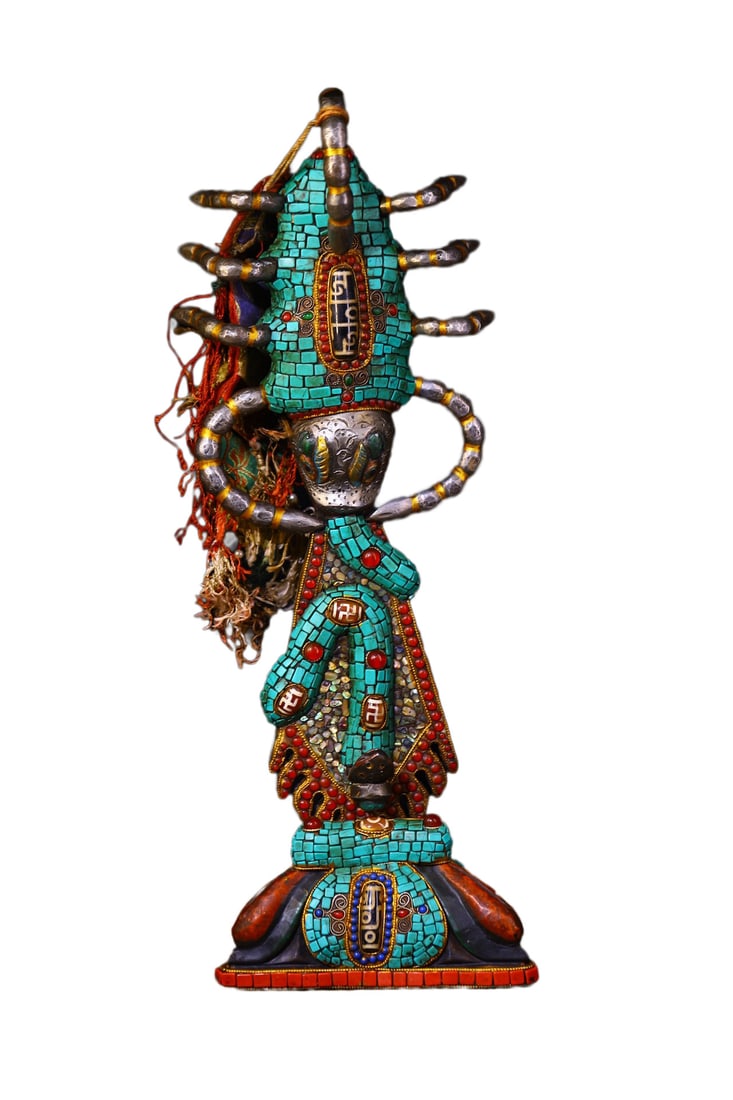 Tibetan Copper Inlay DZI Agate & Turquoise & Gems Dharma-vessel Statue (1 of 10)