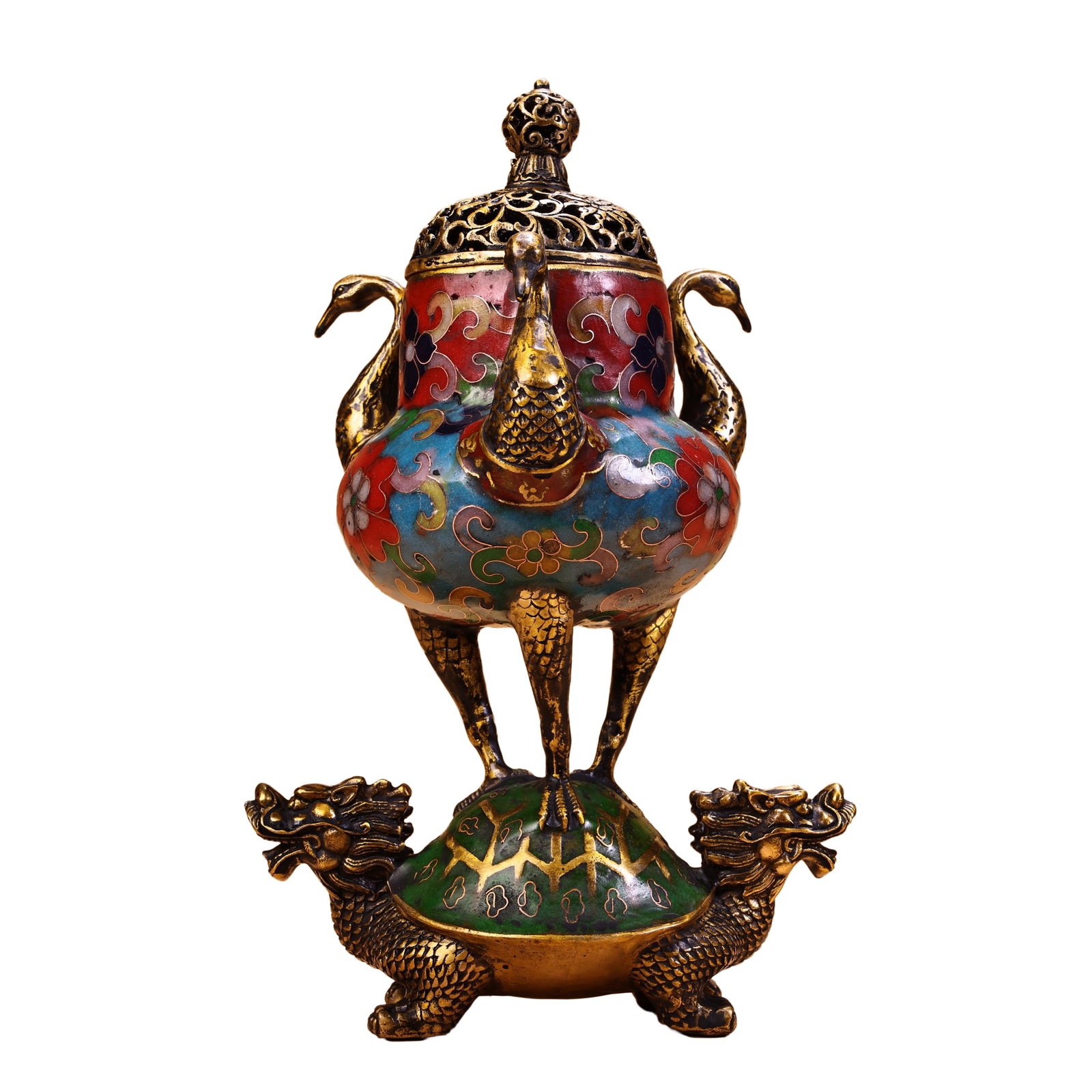 Vintage Gilt Gold Copper Cloisonne Incense Burner w Dragon Turtle & Crane (1 of 12)