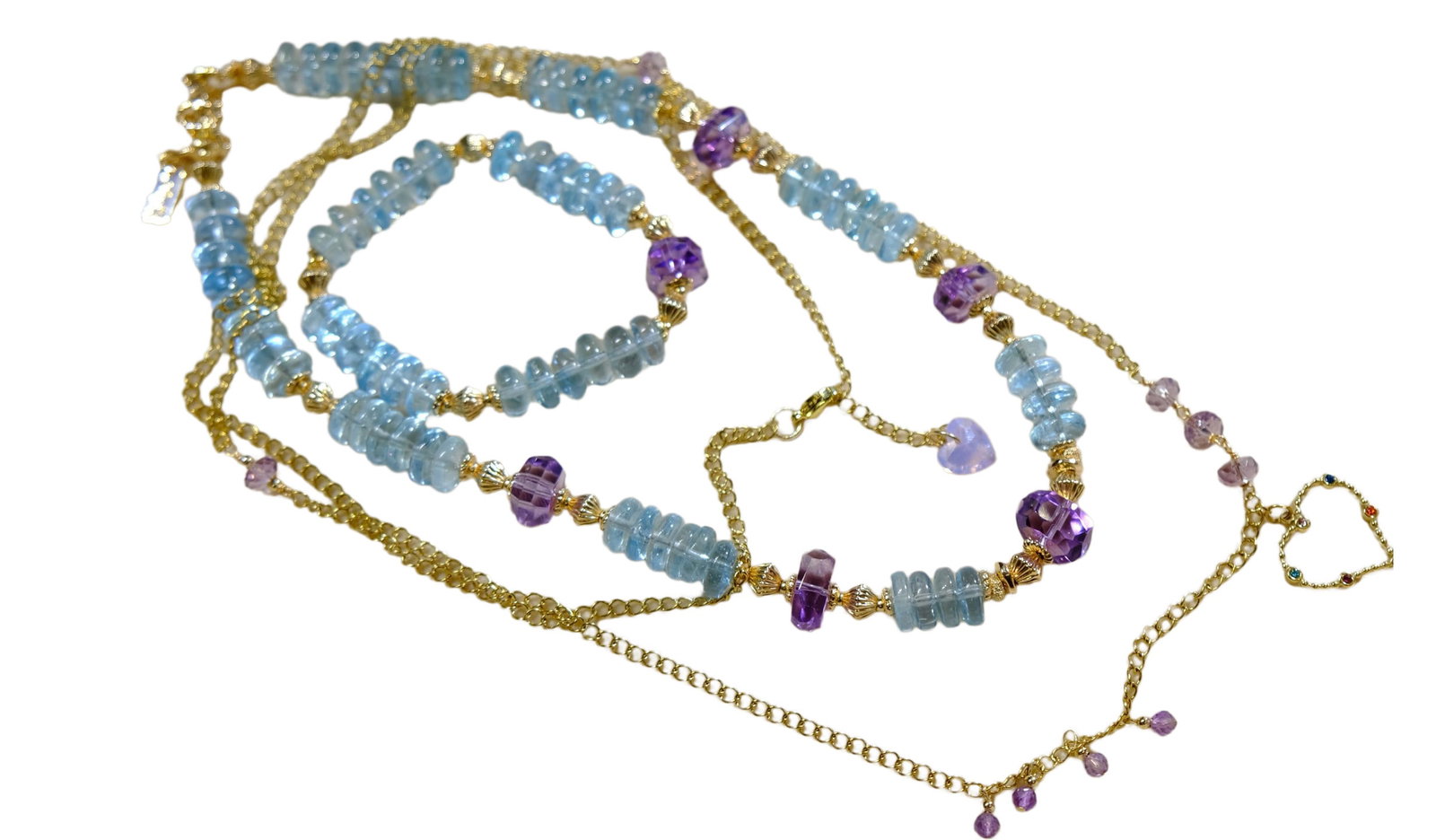 Hand Woven Blue Topaz & Amethyst Beads Necklace w Bracelet (1 of 9)