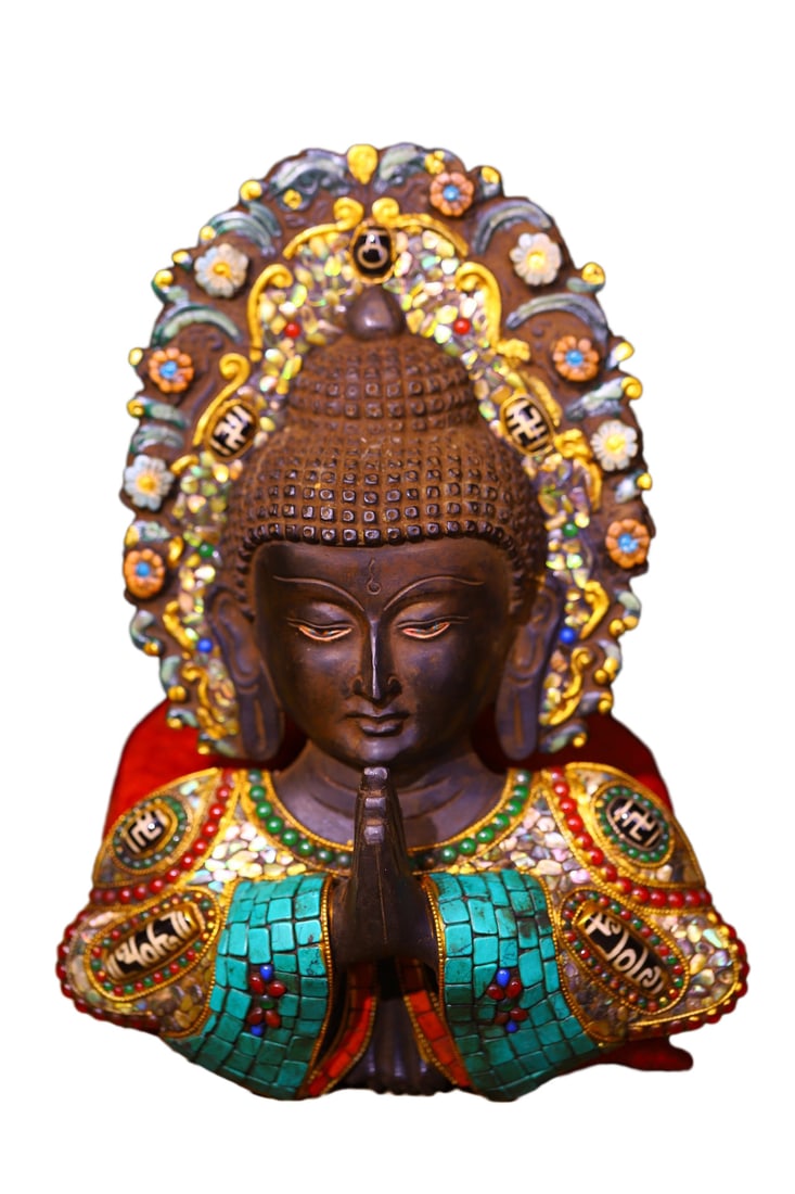 Tibetan Gilt Gold Copper Inlay DZI Agate & Turquoise & Gems Mask Statue/Hang On The Wall: Tibetan Gilt Gold Copper Inlay DZI Agate & Turquoise & Gems Mask Statue/Hang On The Wall w Siddhartha BuddhaDimension: 240 x 170 (mm) 9.45 x 6.69 (inches) Weight: 4.41 lbs/ 2000 g