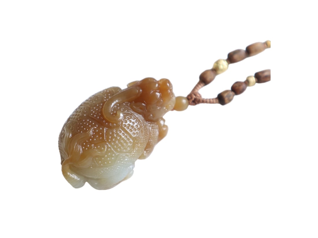 Hetian Jade Hand-Carved Pendant w Dragon Turtle & Hand Woven Chenxiang Wood Beads Necklace (1 of 9)