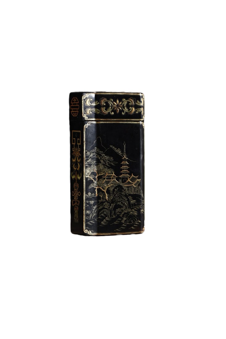 Vinatge Gilt Gold Wooden-cored Lacquerware Tea Caddy w Mountain River Scene (1 of 10)