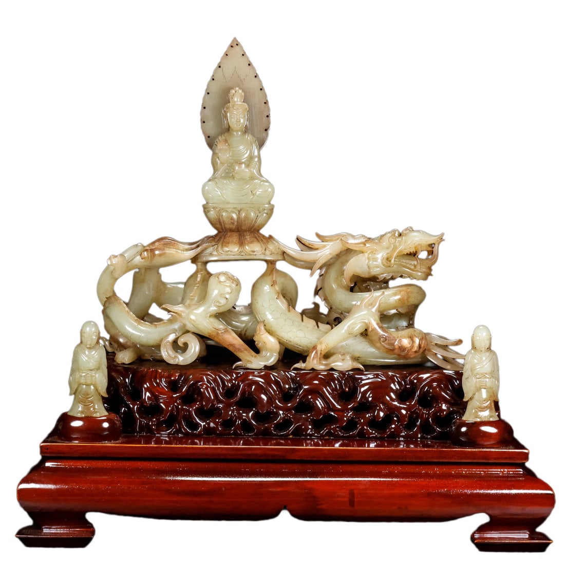 Vintage Hetian Jade Hand-Carved Statue w Manjushri Bodhisattva & Dragon: Vintage Hetian Jade Hand-Carved Statue w Manjushri Bodhisattva & Dragon & KidDimension: 275 x 230 x 95 (mm) 10.83 x 9.05 x 3.74 (inches) Weight (without base): 2.97 lbs/ 1349 gThe total weight does no