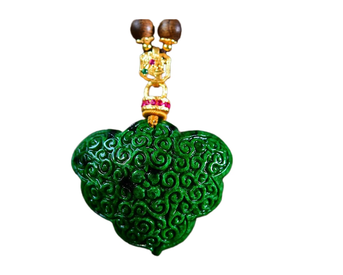 Green Jadeite Hand-Carved Pendant w Ruyi w Hand Woven Chenxiang Wood, Jadeite Beads Necklace (1 of 7)
