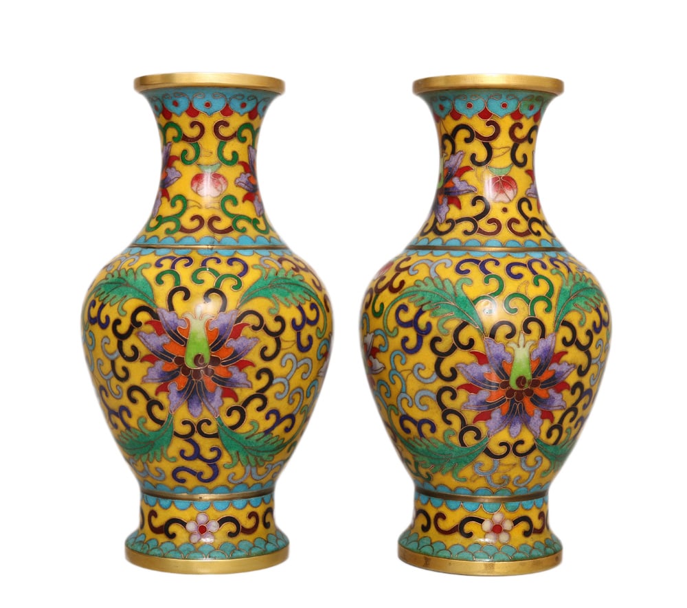 A Pair Vintage Gilt Gold Copper Cloisonne Vases w Flowers (1 of 10)