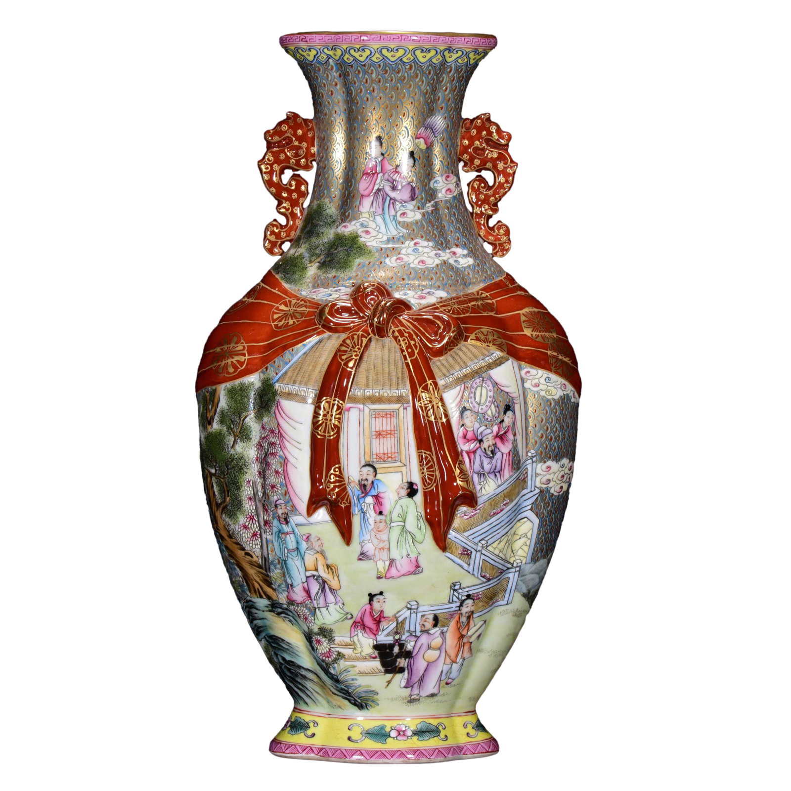 Porcelain Double Ear Vase Gilt Edge Famille Rose w Sages Meeting,Qing Dynasty Yongzheng Mark (1 of 10)