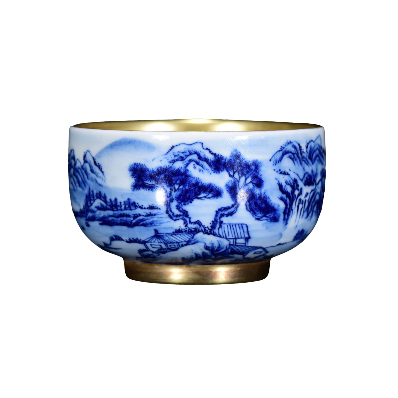 Porcelain Bowl Gilt Edge Blue And White Porcelain w Live In Remote Mountains,Qing Dynasty: Porcelain Bowl Gilt Edge Blue And White Porcelain w Live In Remote Mountains,Qing Dynasty Dimension: 80 x 45 (mm) 3.15 x 1.77 (inches)