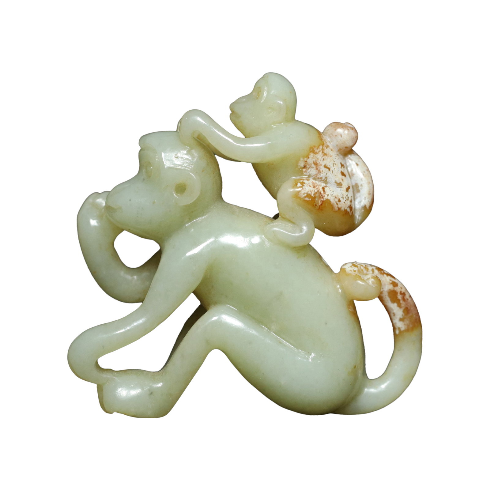 Vintage Hetian Jade Hand-Carved Pendant w Monkey: Vintage Hetian Jade Hand-Carved Pendant w MonkeyDimension: 56 x 59 x 20 (mm) 2.20 x 2.32 x 0.79 (inches) Weight: 0.14 lbs/ 66.2 g