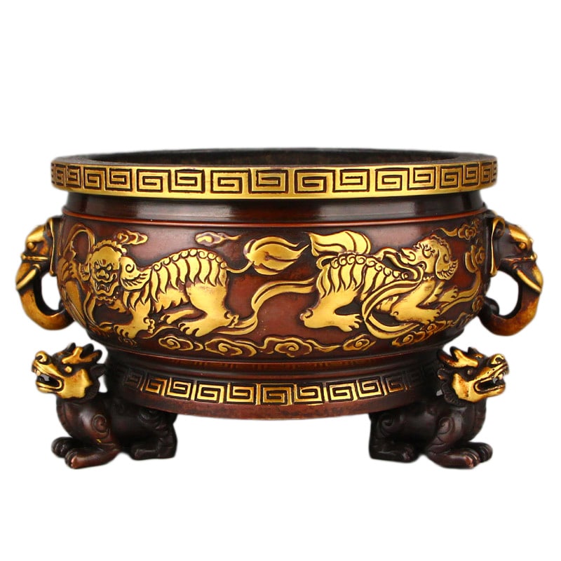 Vintage Gilt Gold Copper Incense Burner w Fortune Lion: Vintage Gilt Gold Copper Incense Burner w Fortune LionDimension: 200 x 160 x 100 (mm) 7.87 x 6.30 x 3.94 (inches) Weight: 6.61 lbs/ 2999 g