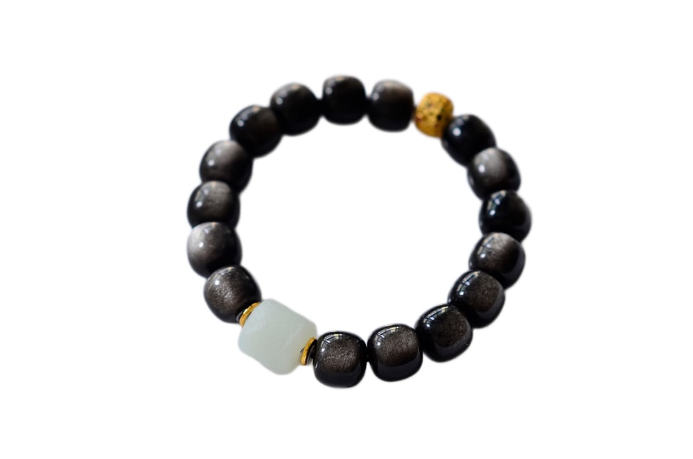 Hand Woven Obsidian & Hetian Jade Beads Bracelet (1 of 10)