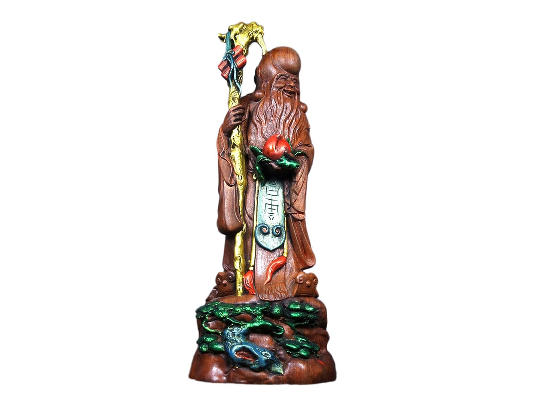 Vintage Colored Drawing Boxwood Wood Statue w Longevity Taoism Deity: Vintage Colored Drawing Boxwood Wood Statue w Longevity Taoism DeityDimension: 380 x 140 x 120 (mm) 14.96 x 5.51 x 4.72 (inches) Weight: 2.34 lbs/ 1060 g