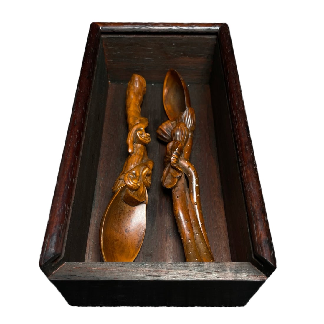 Vintage Boxwood Wood Tea Scoop w Huali Wood Inlay Gem Box (1 of 10)