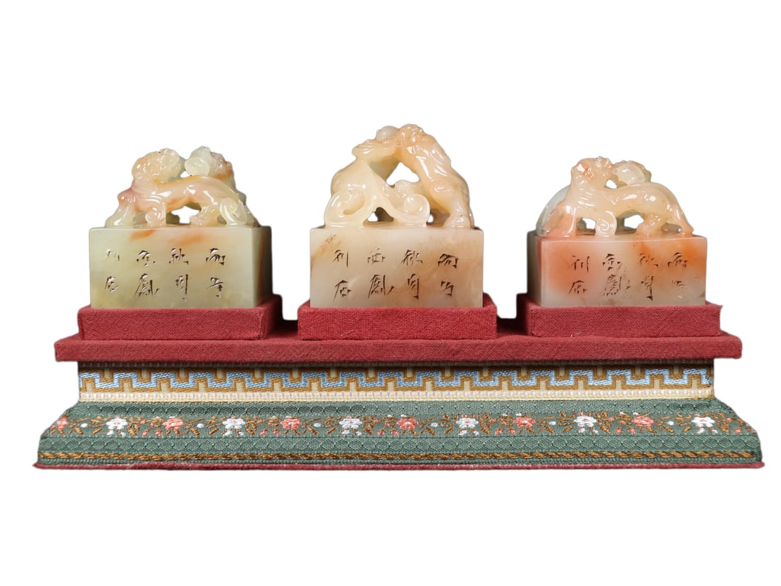 A Set Vintage ShoushanStone Hand-Carved Seal w Divine Beast (1 of 10)