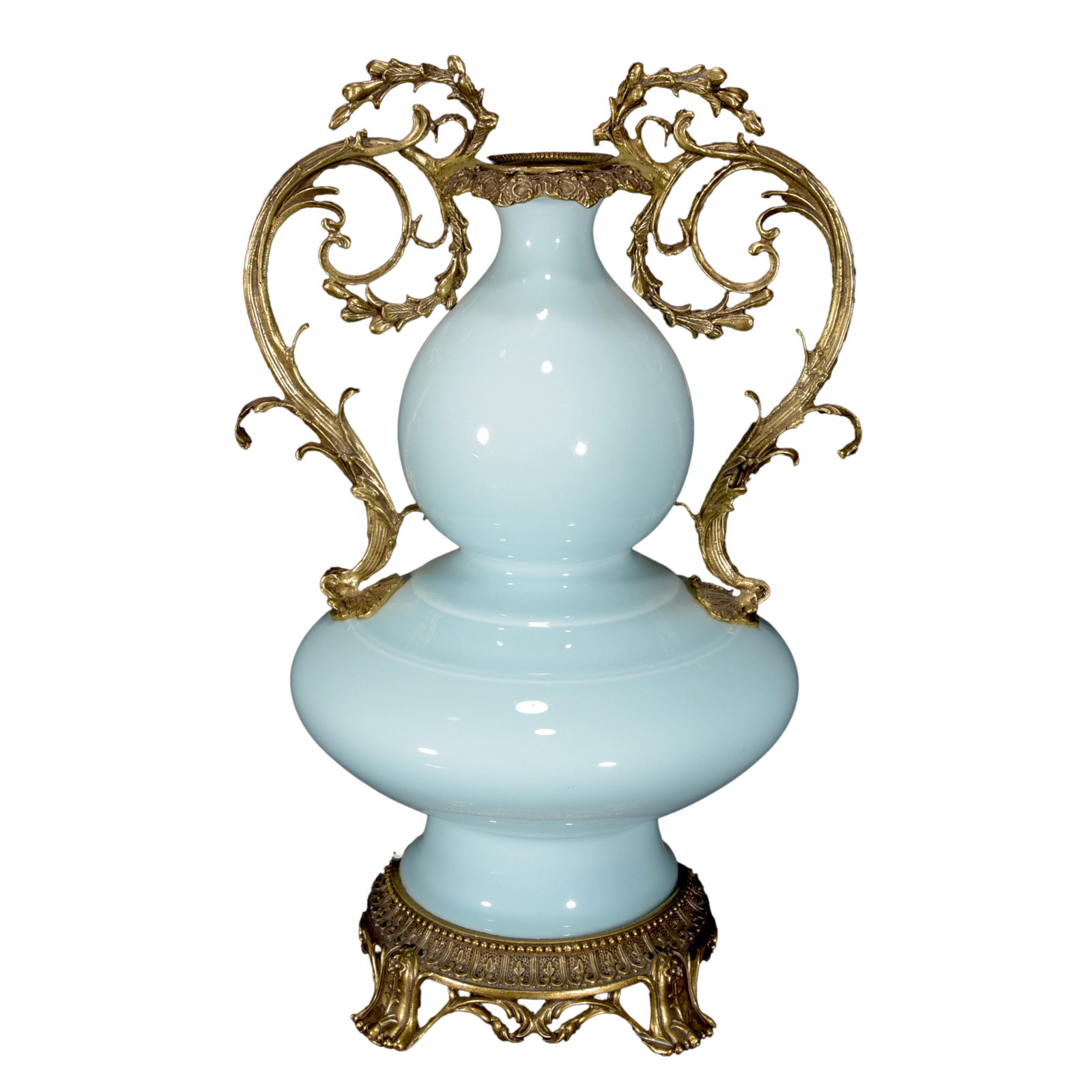 Porcelain Gourd Shape Vase Inlaying Copper Edge Monochrome Glaze w Qing Dynasty QianLong Mark (1 of 10)