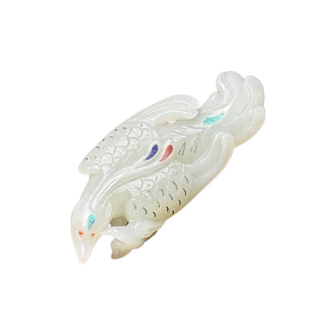 Natural White Hetian Jade Inlay Silver Wires Hand-Carved Pendant w Magpie: Natural White Hetian Jade Inlay Silver Wires Hand-Carved Pendant w MagpieDimension: 73 x 29 x 16 (mm) 2.87 x 1.14 x 0.63 (inches) Weight: 0.07 lbs/ 33 g