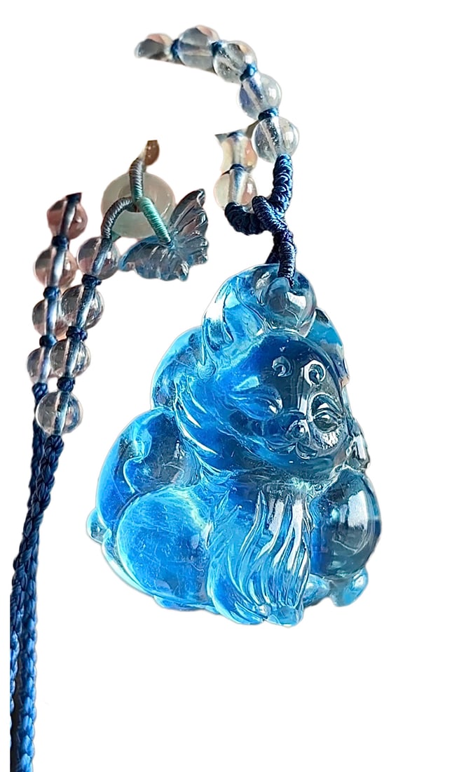 Aquamarine Hand-Carved Divine Beast Pendant w Nine-tailed Fox & w Hand Woven Necklace: Aquamarine Hand-Carved Divine Beast Pendant w Nine-tailed Fox & w Hand Woven NecklaceDimension: 38 x 31 x 16 (mm) 1.50 x 1.22 x 0.63 (inches)Weight: 0.06 lbs/27.4 g