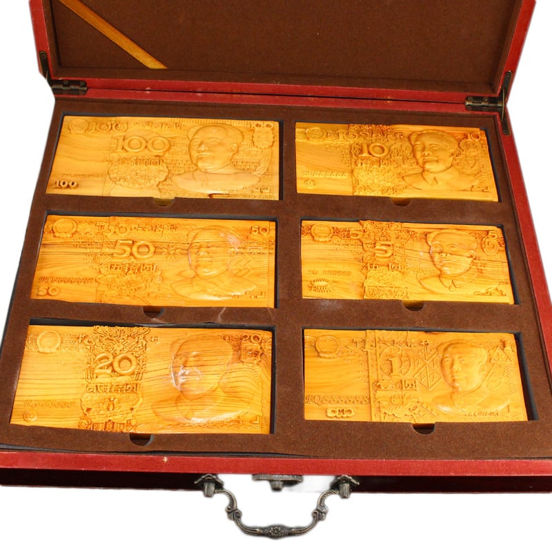 A Set Wood Coin Model Statue w Wood Box (1 of 8)