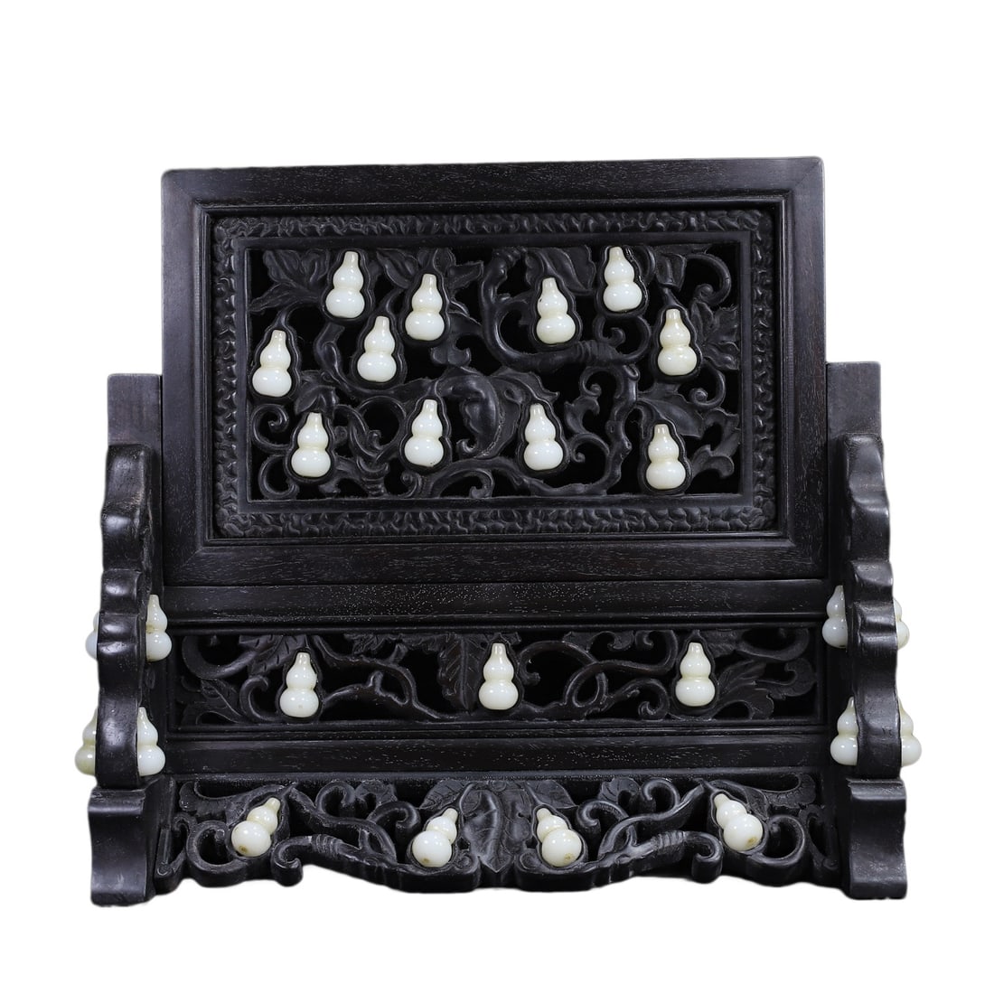 Vintage Zitan Wood Inlay Jade Screen w Gourd: Vintage Zitan Wood Inlay Jade Screen w GourdDimension: 350 x 325 x 140 (mm) 13.78 x 12.79 x 5.51 (inches) Weight: 5.78 lbs/ 2620 g