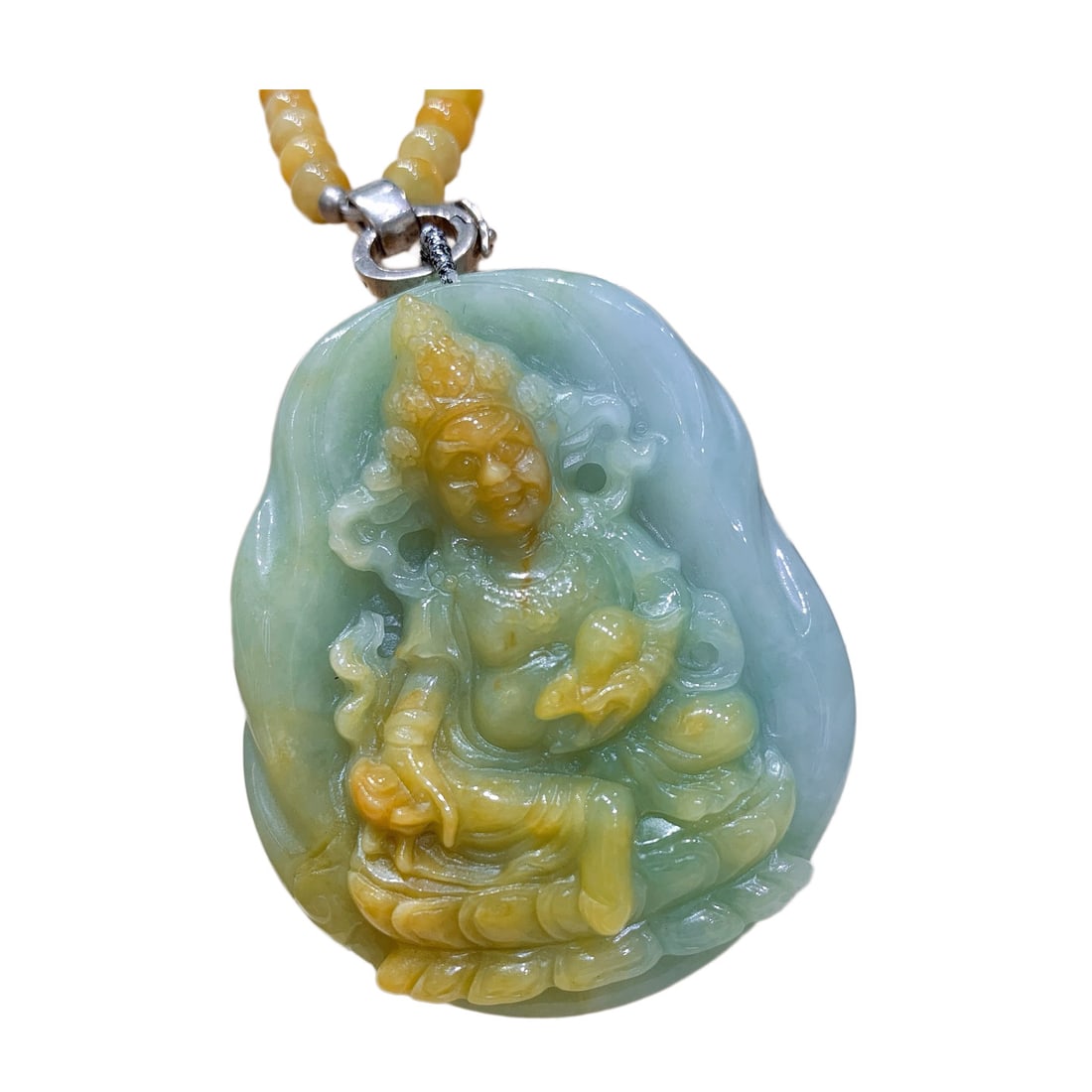 Jadeite Hand-Carved Buddha Pendant w Yellow Jambhala: Jadeite Hand-Carved Buddha Pendant w Yellow JambhalaDimension: 53 x 45 x 14 (mm) 2.09 x 1.77 x 0.55(inches)