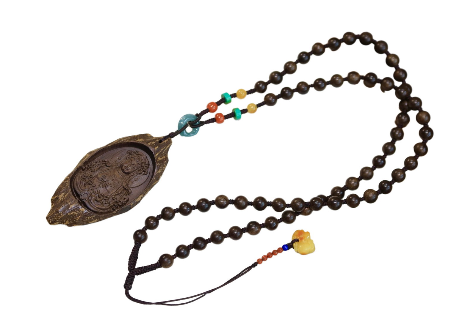 Vintage Chenxiang Wood Hand-Carved Buddha Pendant w Kwan-yin (1 of 4)