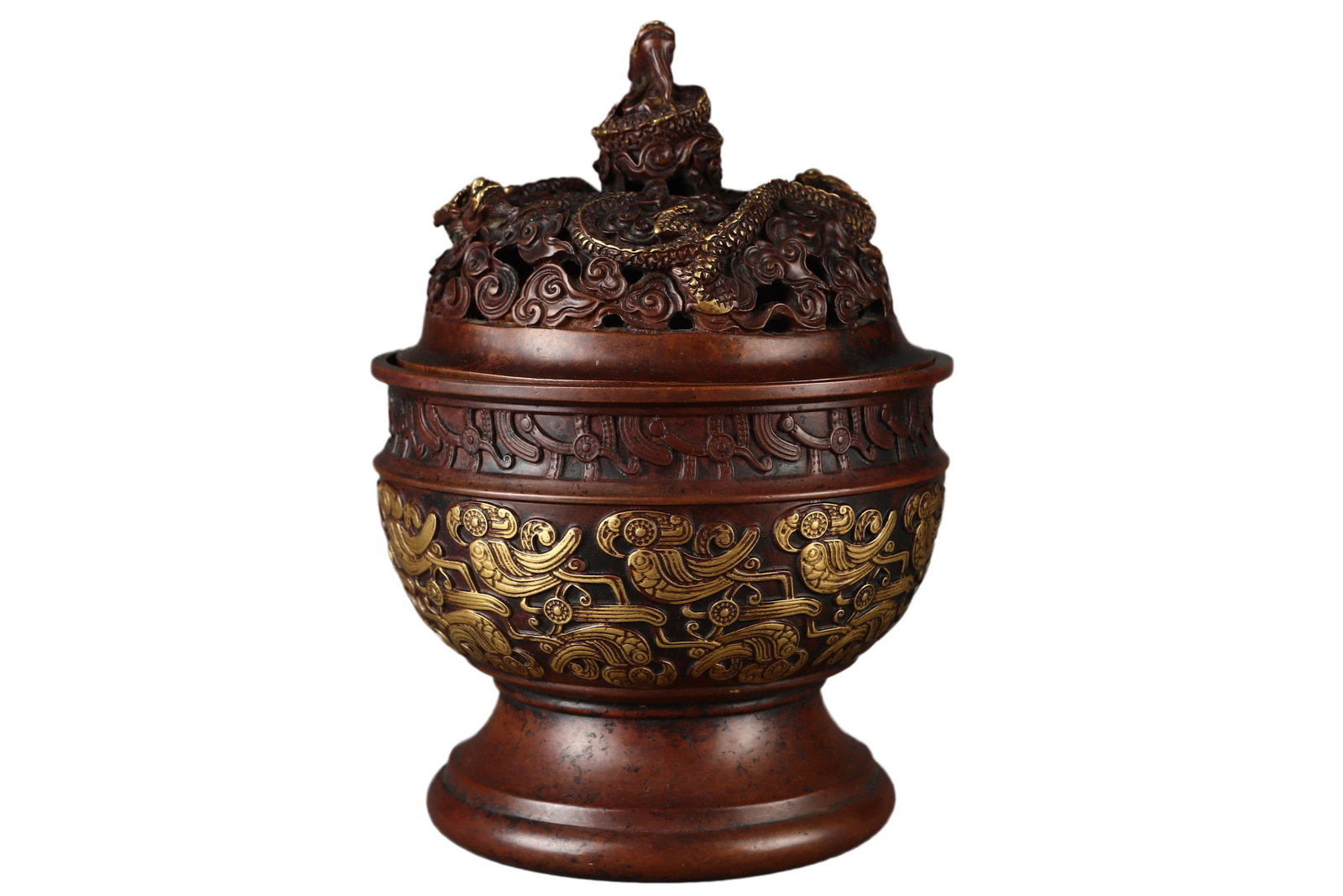 Vintage Gilt Gold Copper Incense Burner w Fortune Dragon: Vintage Gilt Gold Copper Incense Burner w Fortune DragonDimension: 200 x 143 (mm) 7.87 x 5.63 (inches) Weight: 7.27 lbs/ 3300 g