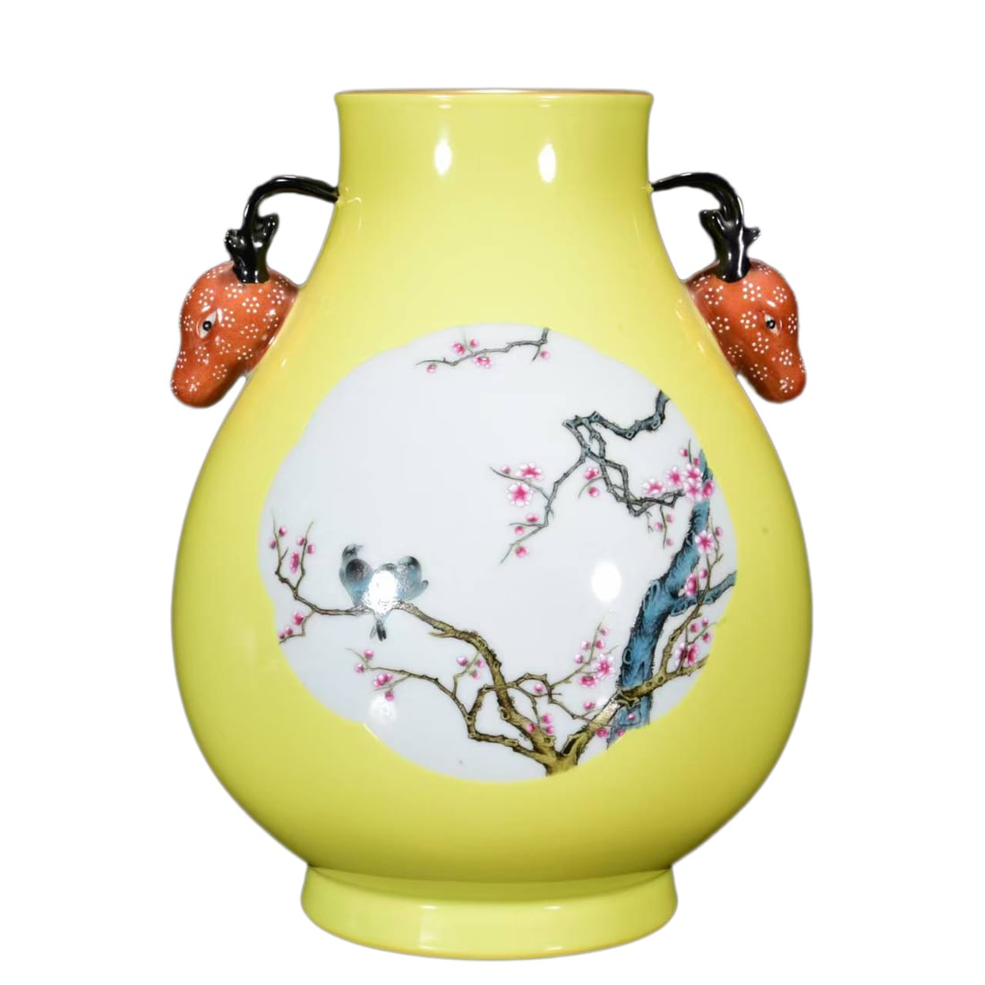 Porcelain Vase Yellow Ground Famille Rose w Plum Flower & Magpie,Qing Dynasty QianLong Mark (1 of 10)