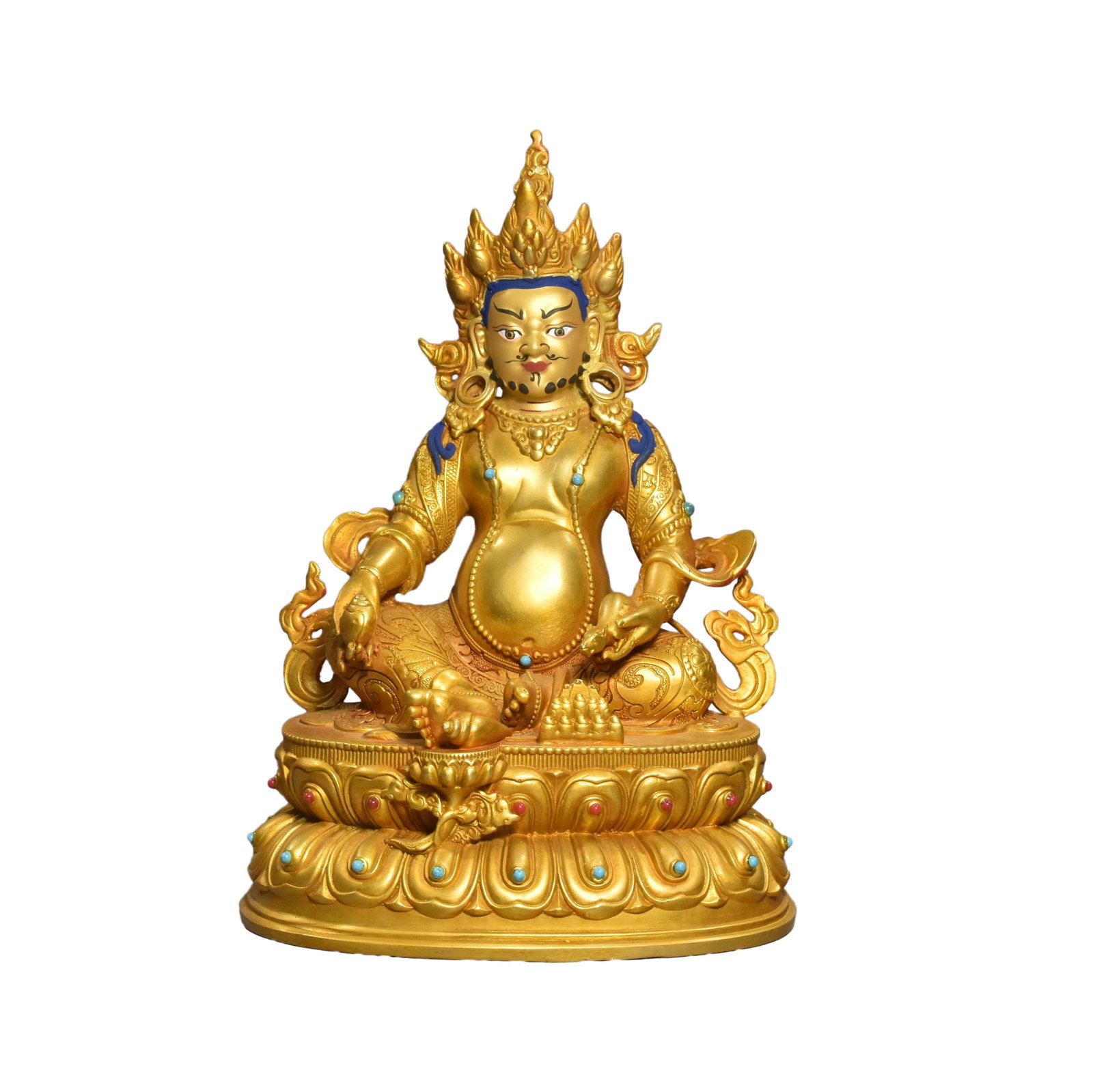Tibetan Gilt Gold Copper Buddha Statue w Yellow Jambhala: Tibetan Gilt Gold Copper Buddha Statue w Yellow JambhalaDimension: 220 x 150 x 115 (mm) 8.66 x 5.90 x 4.53 (inches) Weight: 2.64 lbs/ 1200 g
