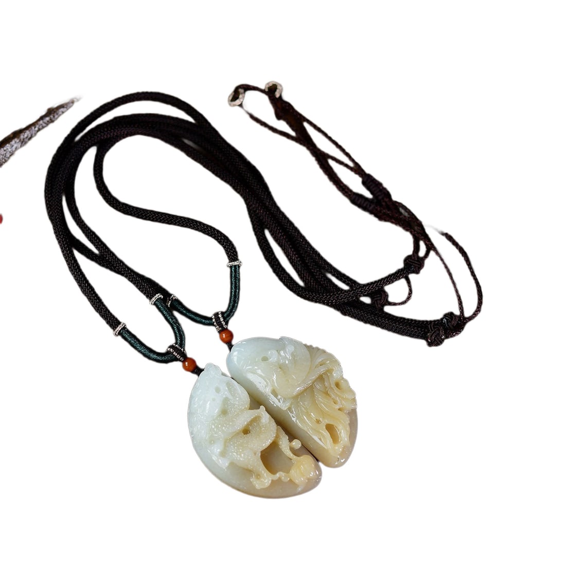 Natural Hetian Jade Hand-Carved Pendant w Dragon Phoenix: Natural Hetian Jade Hand-Carved Pendant w Dragon PhoenixDimension: 53 x 27.2 x 13.2 (mm) 2.09 x 1.07 x 0.52 (inches) Weight: 0.14 lbs/ 65.72 g