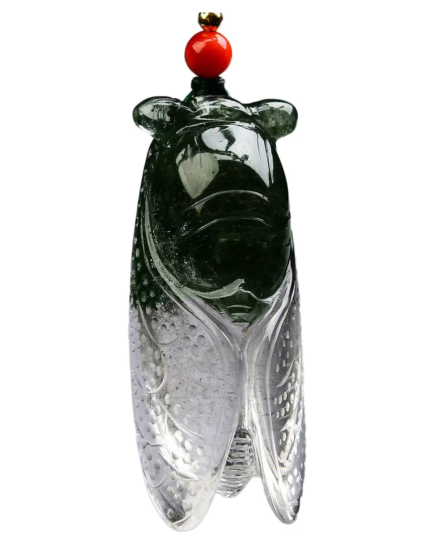 Green Crystal Hand-Carved Pendant w Fortune Cicada: Green Crystal Hand-Carved Pendant w Fortune CicadaDimension: 41 x 17 x 14 (mm) 5.55 x 0.67 x 0.55 (inches) Weight: 0.04 lbs/ 18.5g