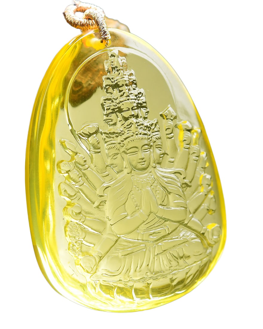 Yellow Crystal Hand-Carved Pendant w Thousand-Hand Kwan-yin (1 of 7)
