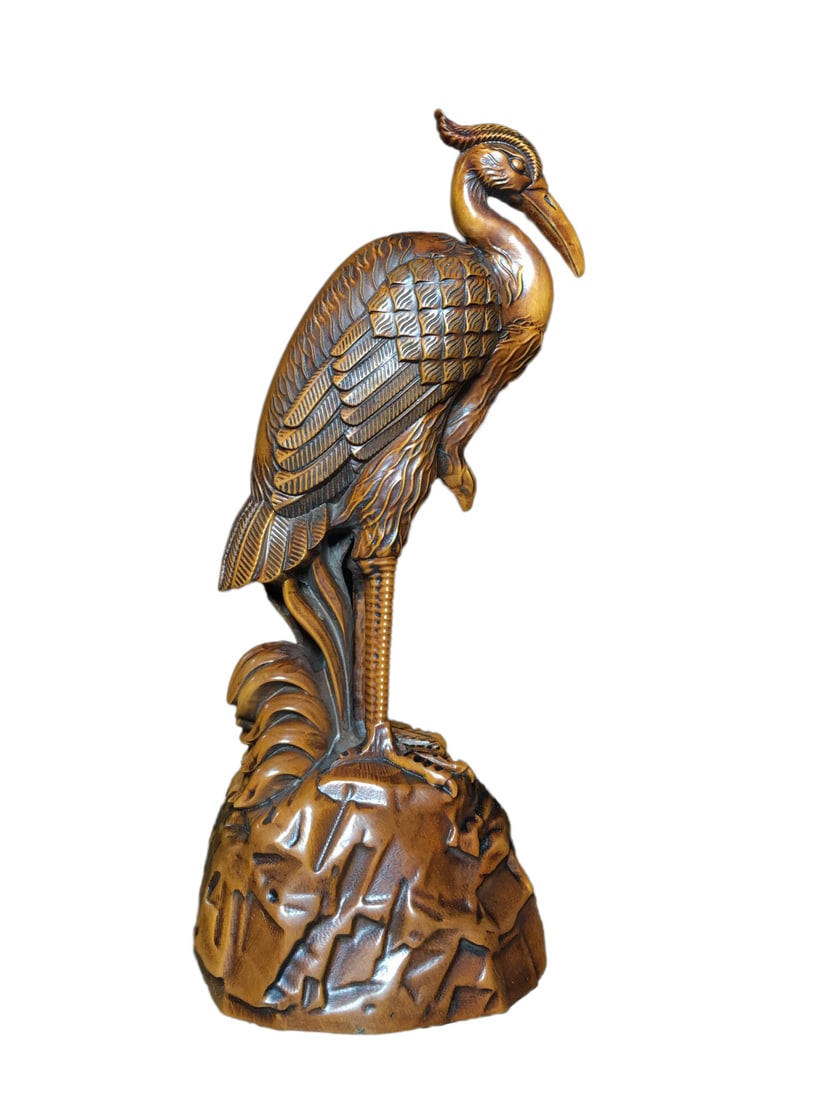 Vintage Boxwood Wood Statue w Crane: Vintage Boxwood Wood Statue w CraneDimension: 175 x 70 (mm) 6.89 x 2.75 (inches) Weight: 0.48 lbs/ 220 g