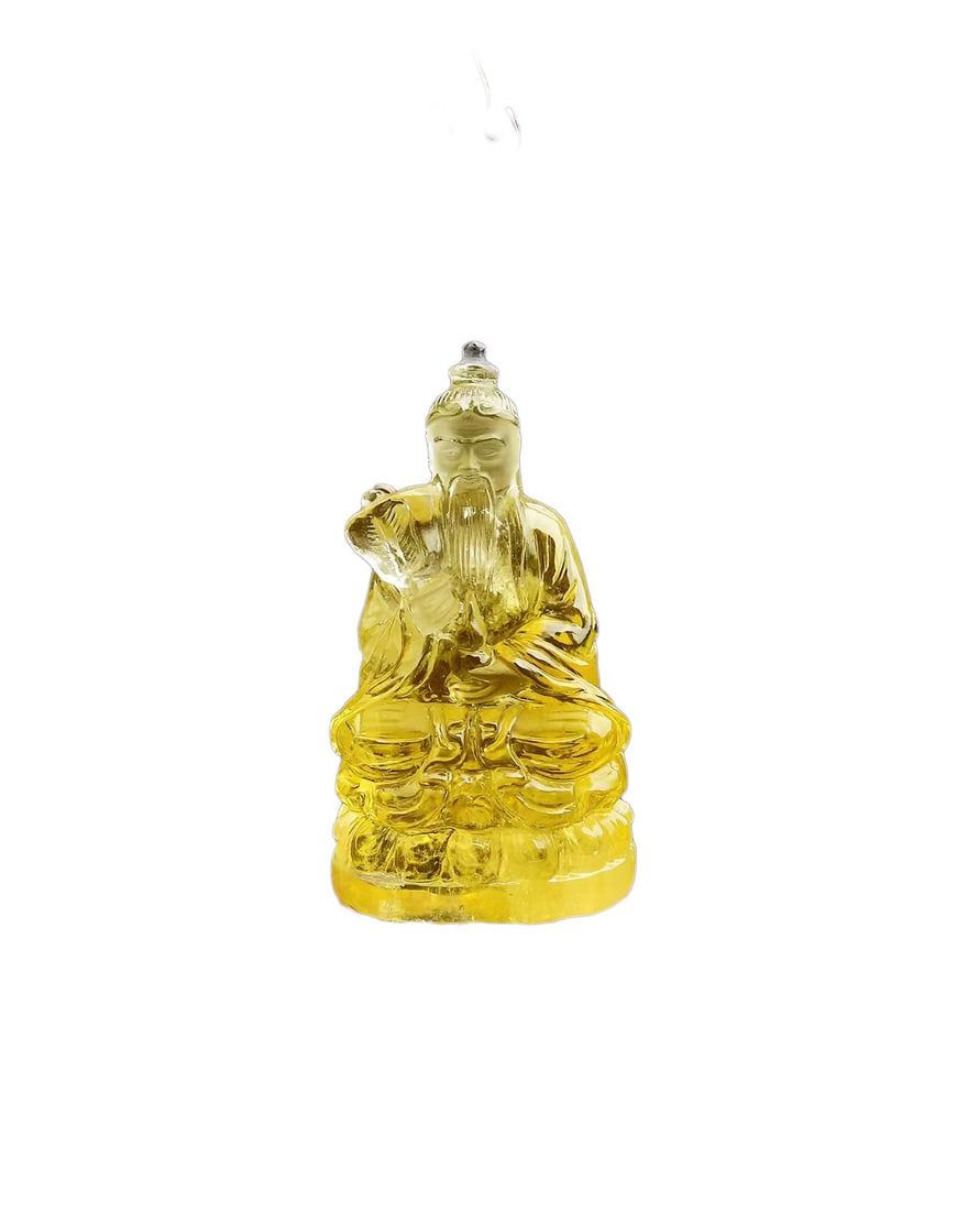 Yellow Crystal Hand-Carved Statue w Lord Lao Zi: Yellow Crystal Hand-Carved Statue w Lord Lao ZiDimension: 88 x 47 x 36 (mm) 3.46 x 1.85 x 1.42 (inches) Weight: 0.35 lbs/ 160 gThe total weight does not include the base. The base is included after yo
