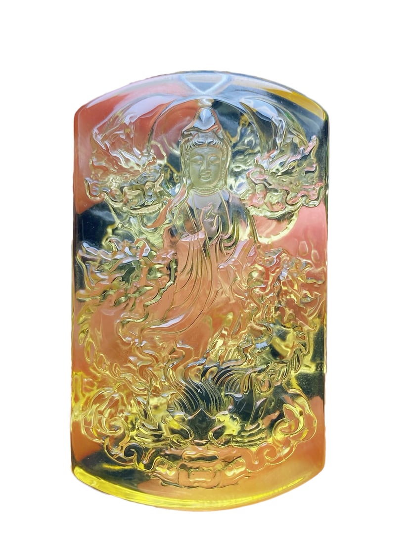 Yellow Crystal Hand-Carved Pendant w Kwan-yin: Yellow Crystal Hand-Carved Pendant w Kwan-yinDimension: 64 x 38 x 16 (mm) 2.52 x 1.50 x 0.63 (inches) Weight: 0.17 lbs/ 77.8 g