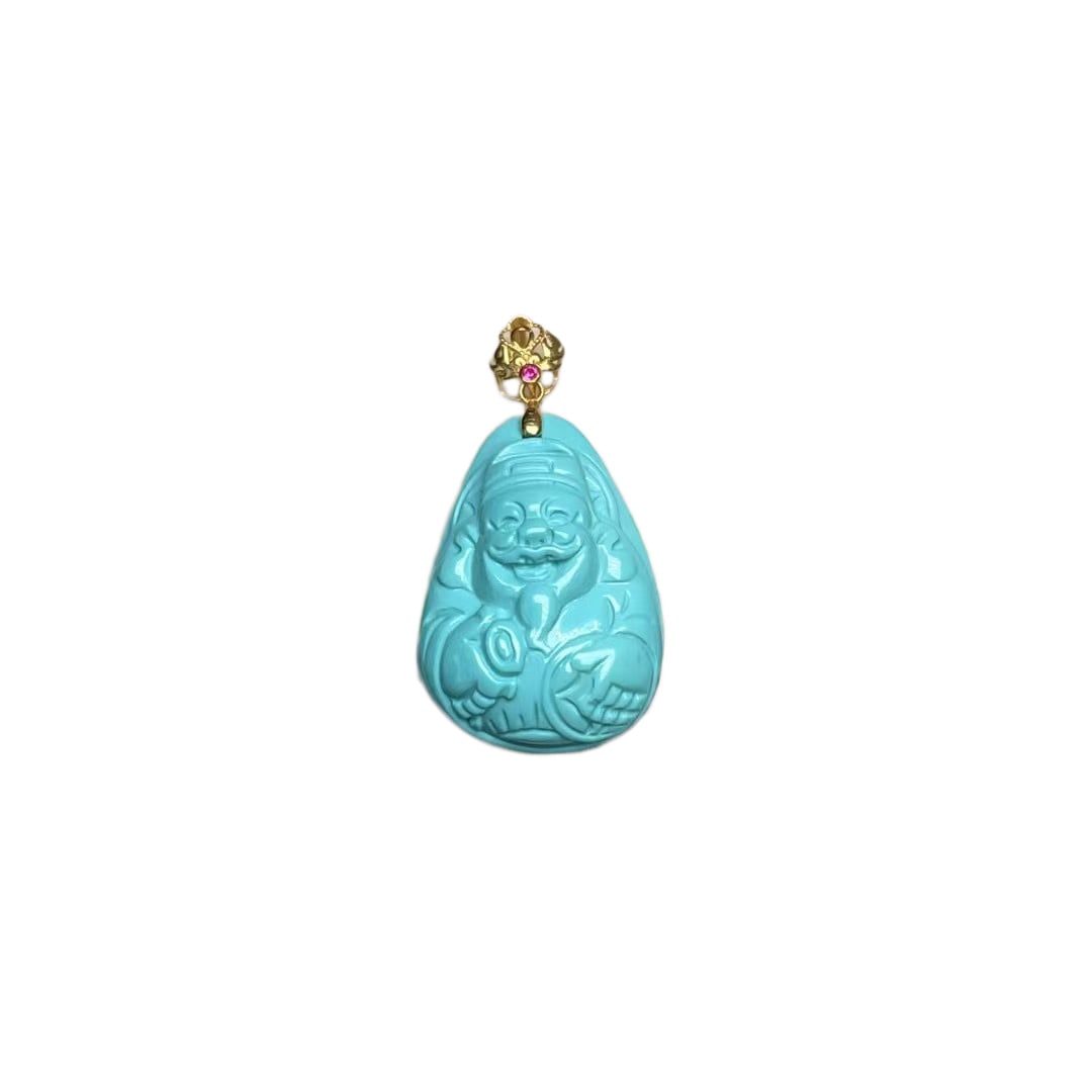 Turquoise Hand-Carved Pendant w Fortune Taoism Deity: Turquoise Hand-Carved Pendant w Fortune Taoism DeityDimension: 24 x 12.5 x 7.2 (mm) 0.94 x 0.49 x 0.28 (inches)