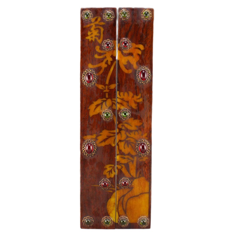 A Pair Vintage Huali Wood Inlay Gem Paperweight: A Pair Vintage Huali Wood Inlay Gem PaperweightDimension: 300 x 48 x 28 (mm) 11.81 x 1.89 x 1.10 (inches) Weight: 2.21 lbs/ 1004 g