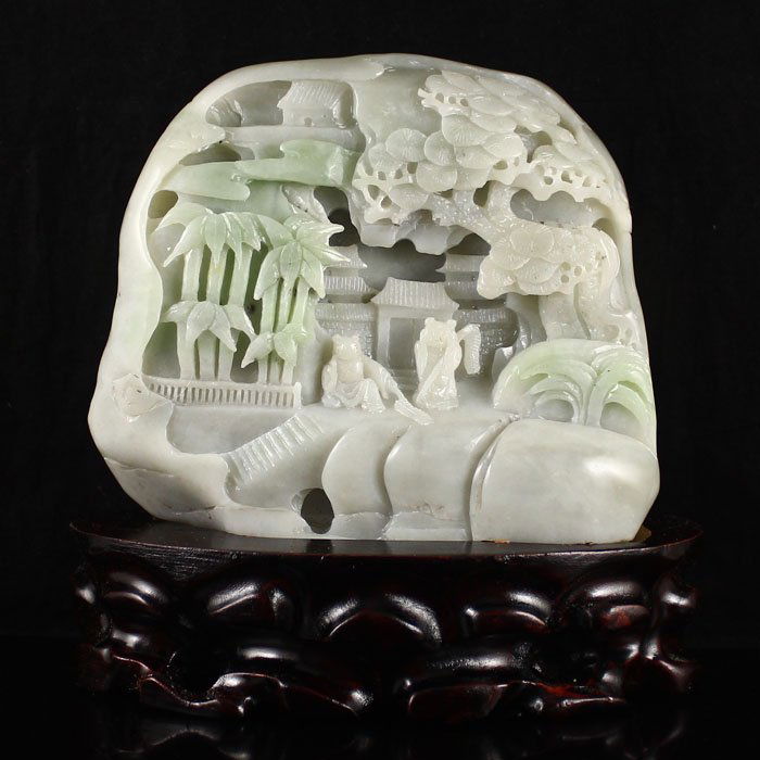 Chinese Natural Hetian Jade Statue w Men & Pine Tree: Chinese Natural Hetian Jade Statue w Men & Pine Tree Dimension: 140*158*66 (mm) 5.51*6.22*2.60 (in) Weight 5.94 lbs/2696gTips about Chinese Hetian Nephrite JadeHetian jade is a nephrite jade and is re