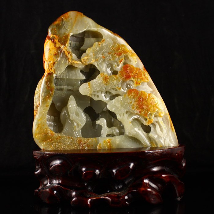 Chinese Natural Hetian Jade Statue w Man & Pine Tree: Hand Carved Chinese Natural Hetian Jade Statue w Man & Pine Tree Dimension: 140*45*155(mm) 5.51*1.77*6.10(in) Weight 2.31 lbs/1048 g Tips about Chinese Hetian Nephrite JadeHetian jade is a nephrite ja