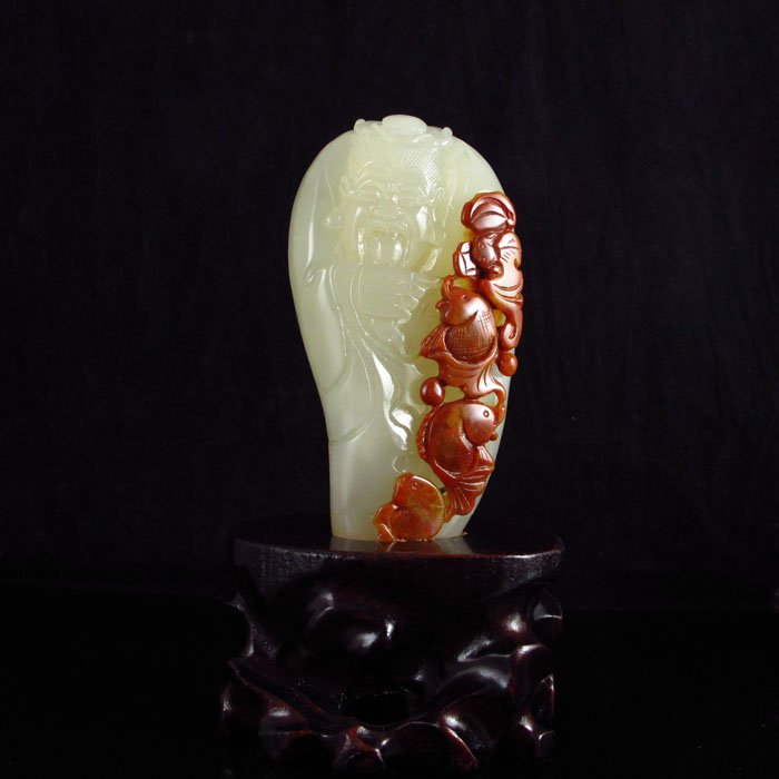 Hand Carved Chinese Natural Jade Statue - Fisherman: Superb Hand Carved Chinese Natural Jade Statue - FishermanDimension: 125*60*33(mm) 4.92*2.36*1.30(in) Weight 0.86 lbs/388gThe total weight does not include the base. The base is included after you hav